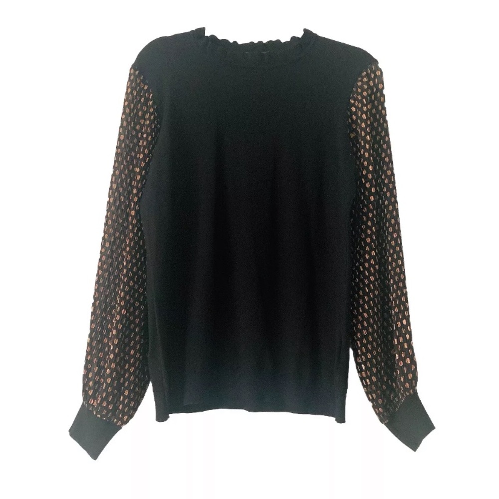 NWT Adrianna Papell Sheer Balloon Long Sleeve Sweater Women’s L Black Office